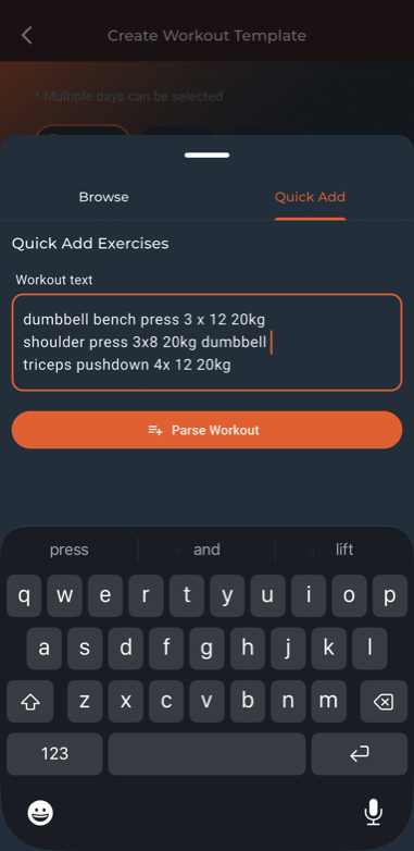 Pfitt Quick Add screen: a workout typed in plain text